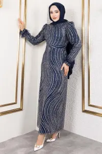 Kolları Tüy Detaylı Simli Abiye Lacivert