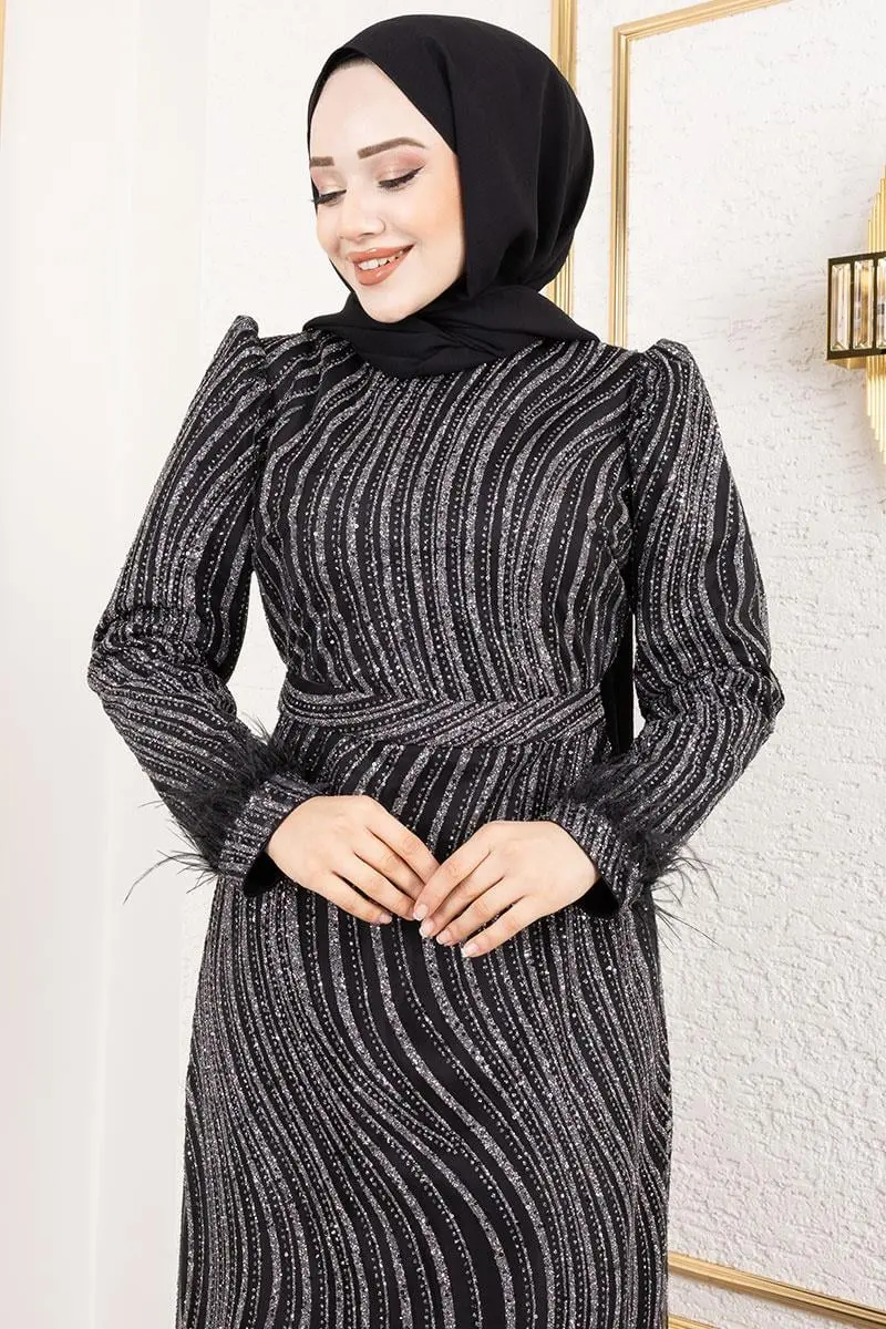Glittery Evening Dress With Feather Detail On Sleeves-detail