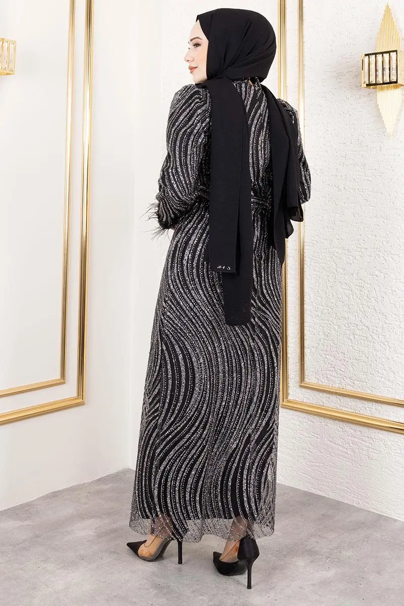 Glittery Evening Dress With Feather Detail On Sleeves-detail