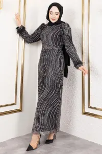 Kolları Tüy Detaylı Simli Abiye Siyah Gümüş