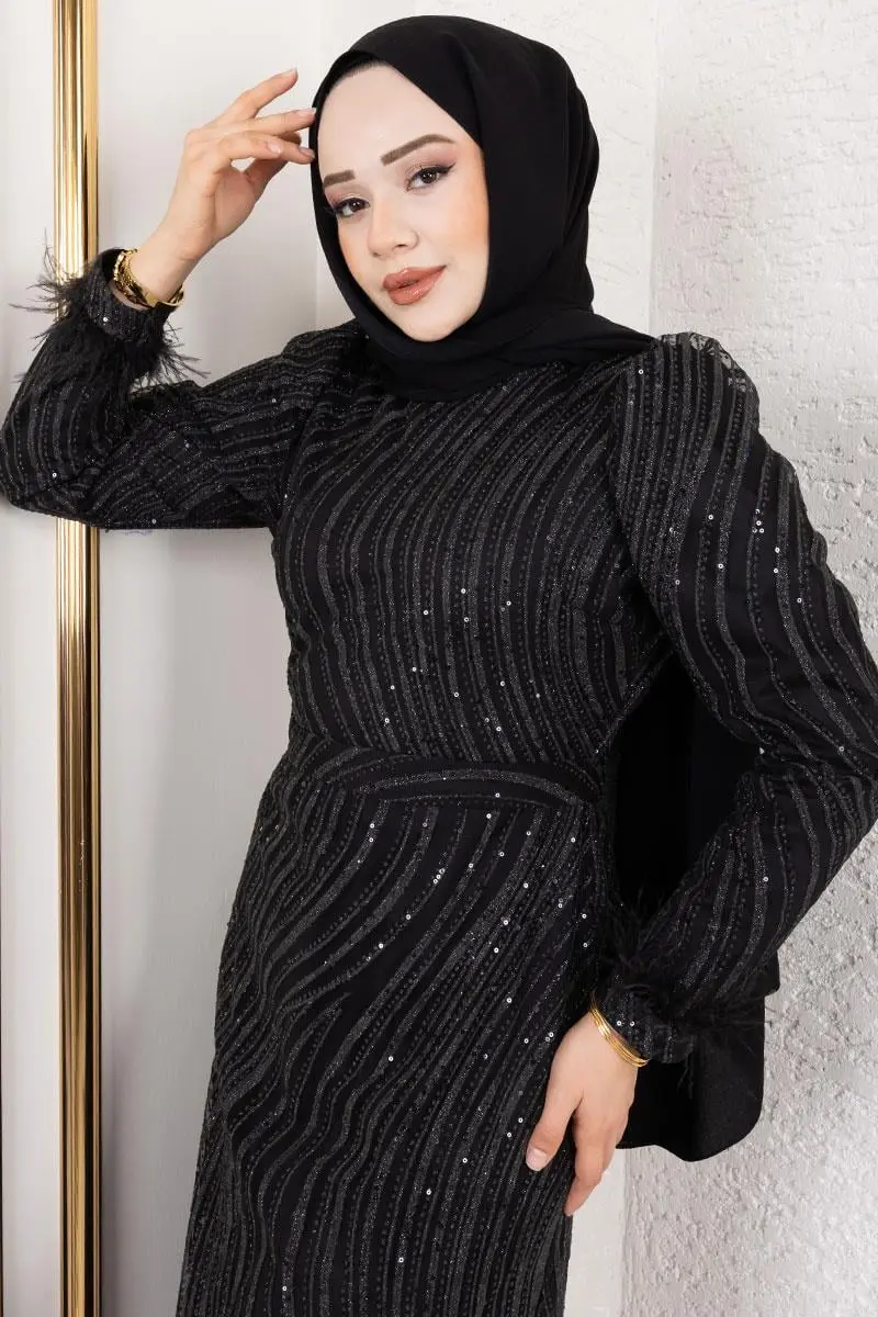 Kolları Tüy Detaylı Simli Abiye Siyah-detail