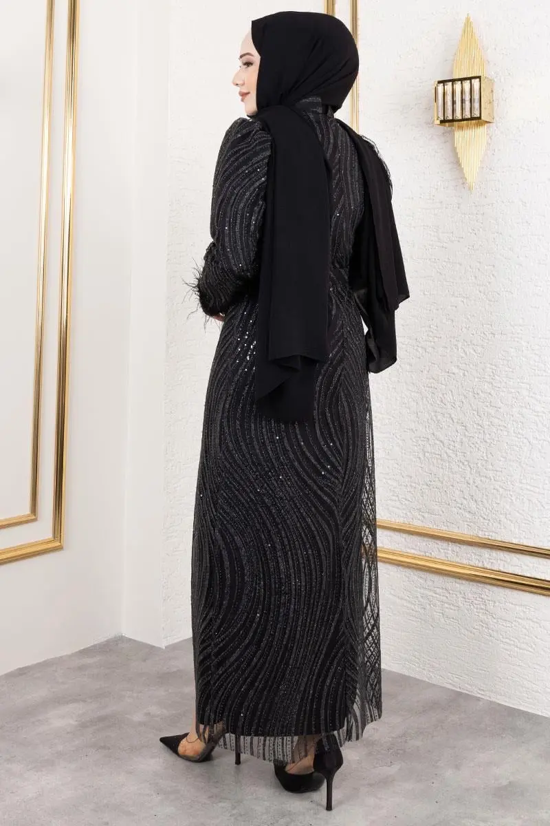 Kolları Tüy Detaylı Simli Abiye Siyah-detail