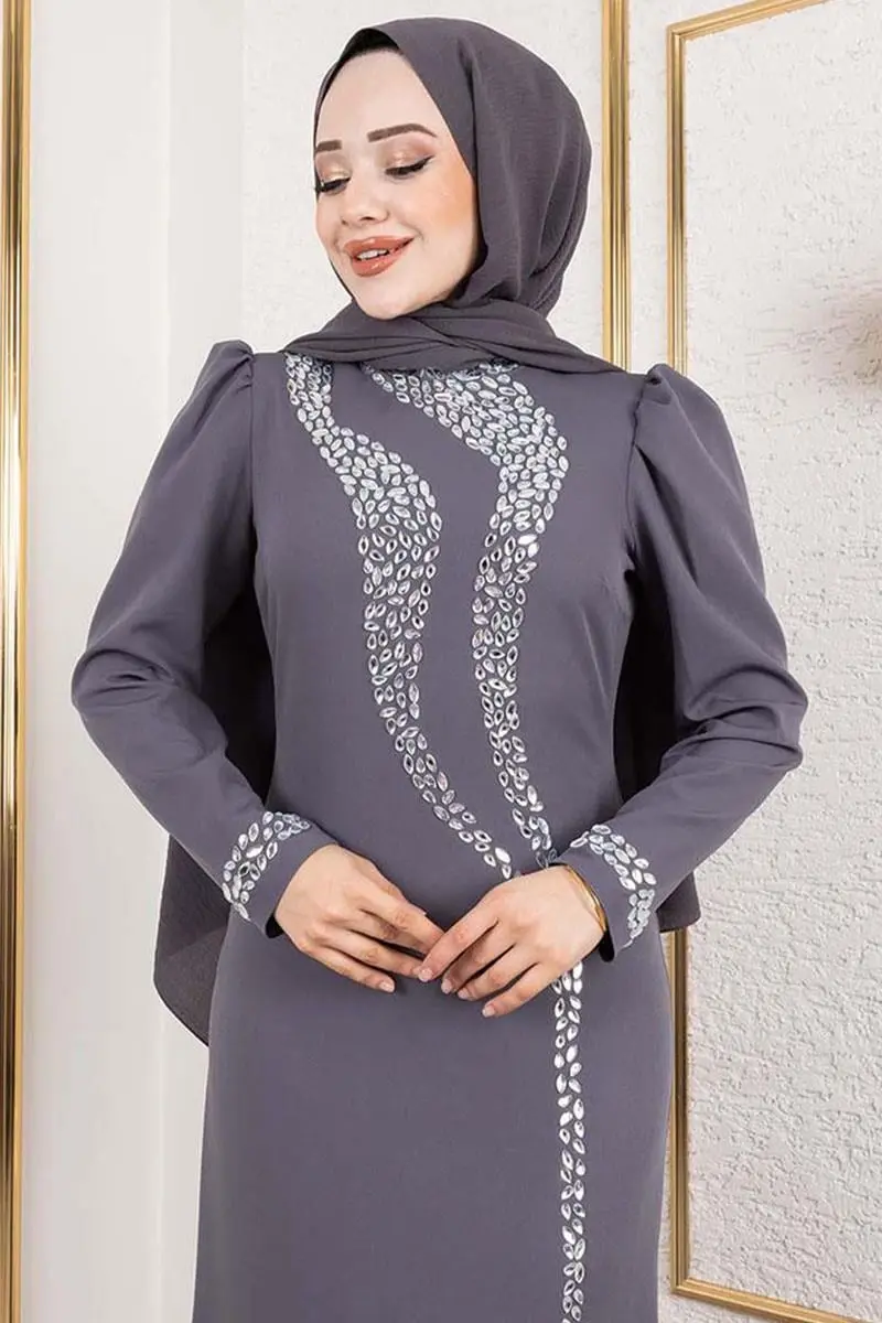 Kolları Ve Önü Taş Detaylı Krep Abiye-detail