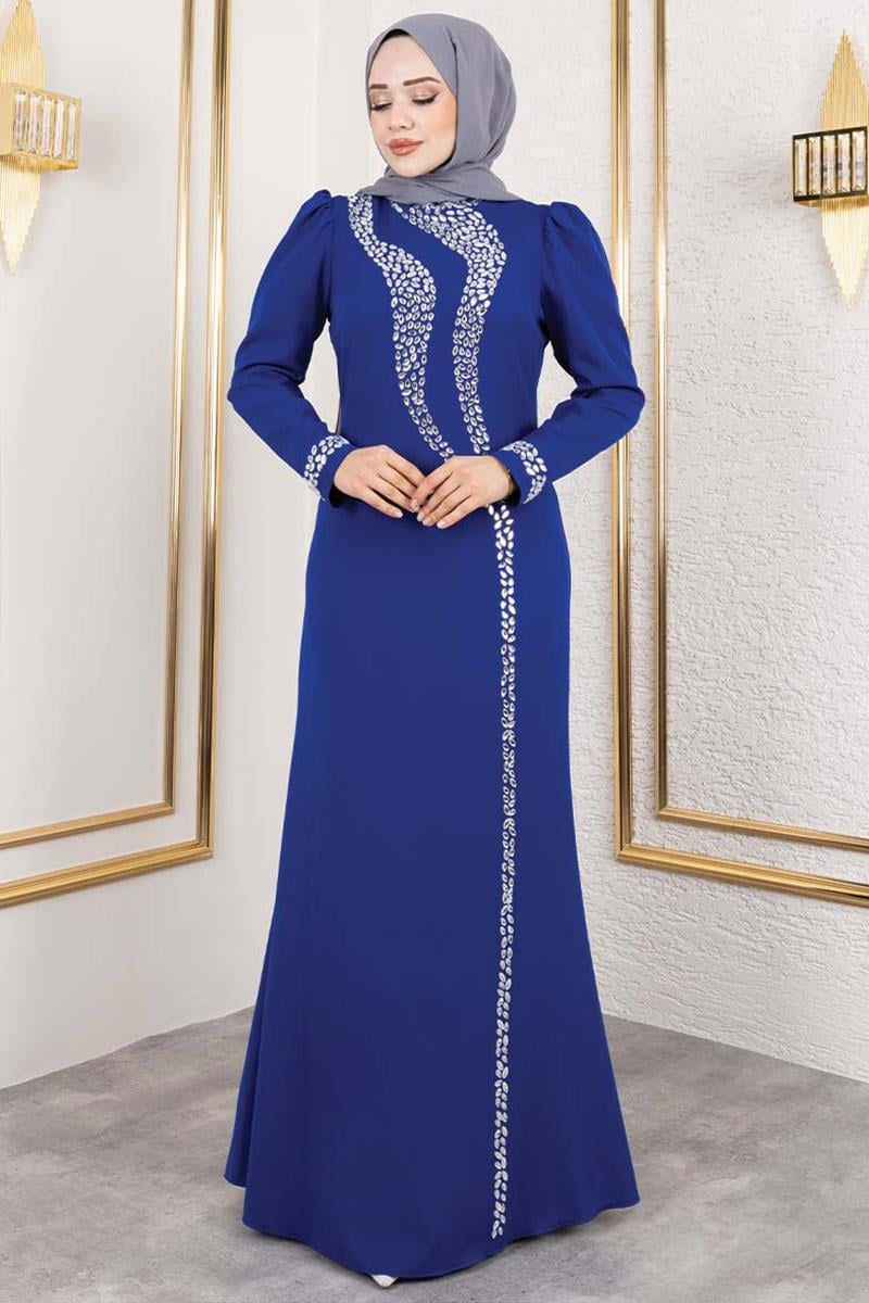 Crepe Evening Dress With Stone Detail On Sleeves And Front