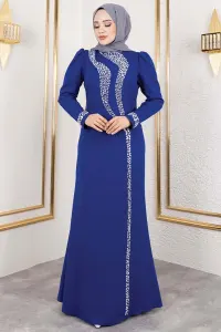 Crepe Evening Dress With Stone Detail On Sleeves And Front