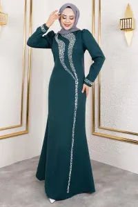 Crepe Evening Dress With Stone Detail On Sleeves And Front