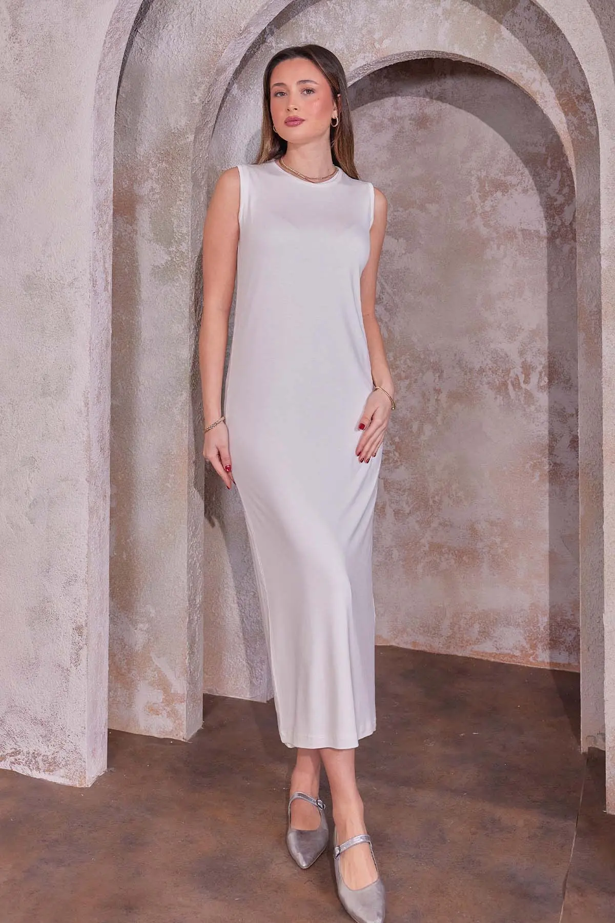 Kolsuz Penye İçlik Elbise Ekru 4775-detail