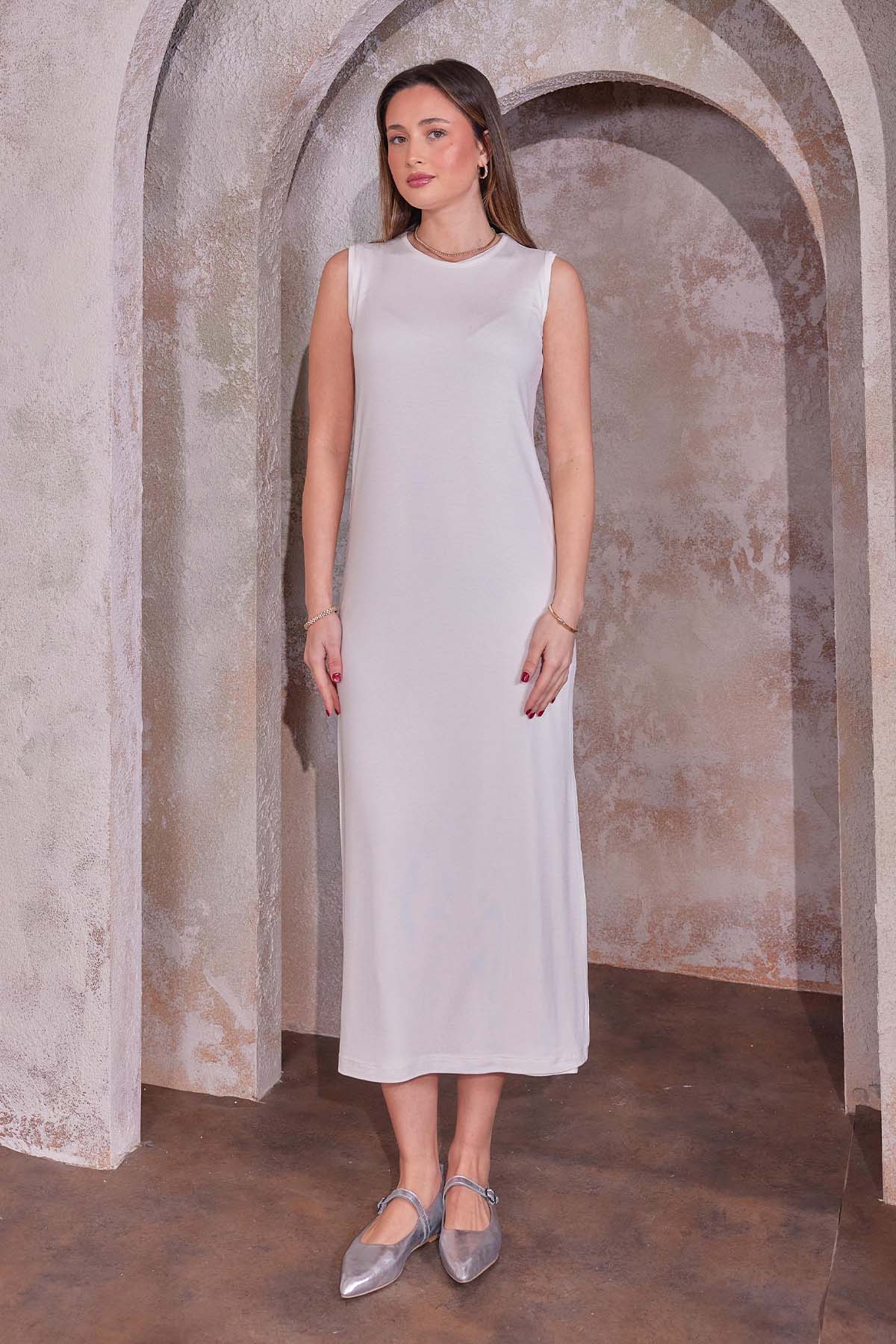 Kolsuz Penye İçlik Elbise Ekru 4775