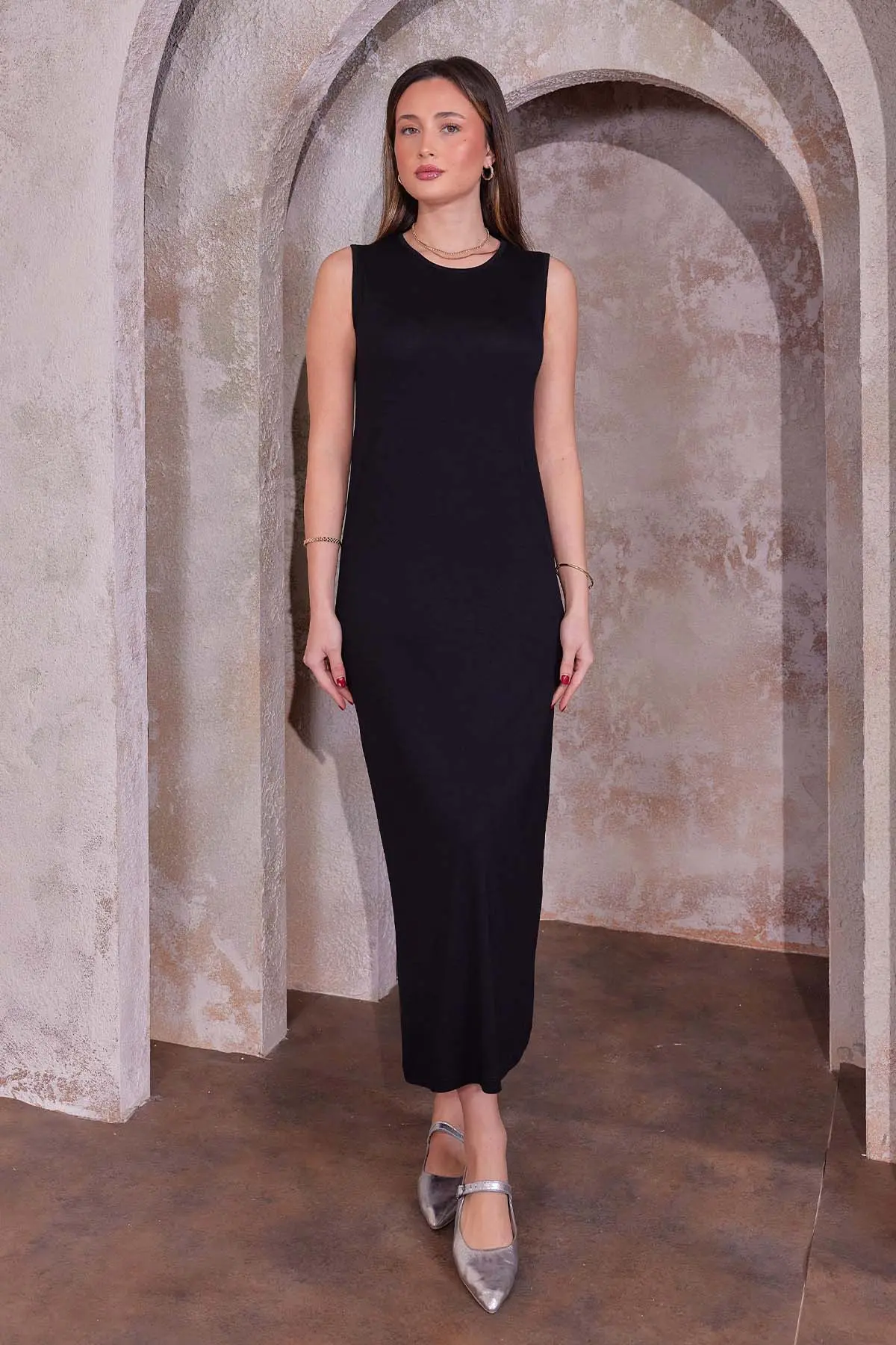 Kolsuz Penye İçlik Elbise Siyah 4775-detail