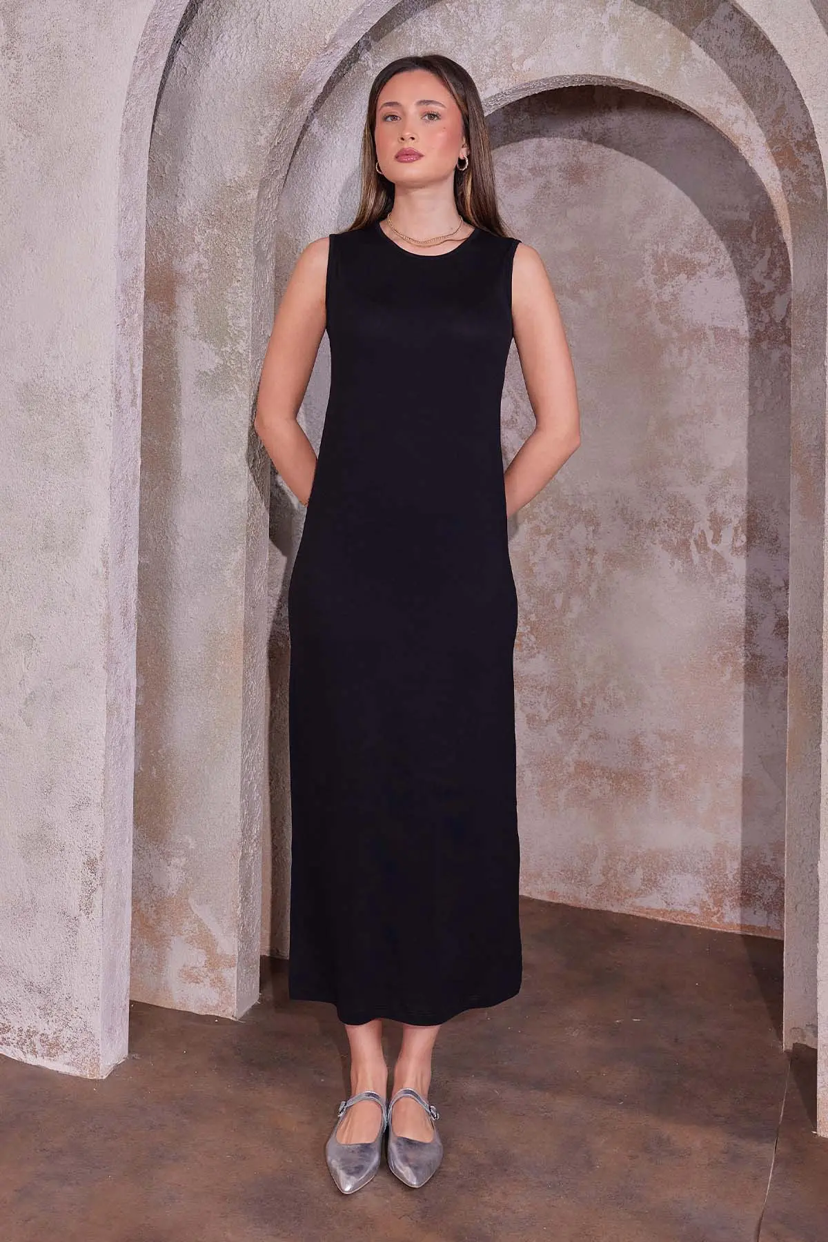 Kolsuz Penye İçlik Elbise Siyah 4775-detail