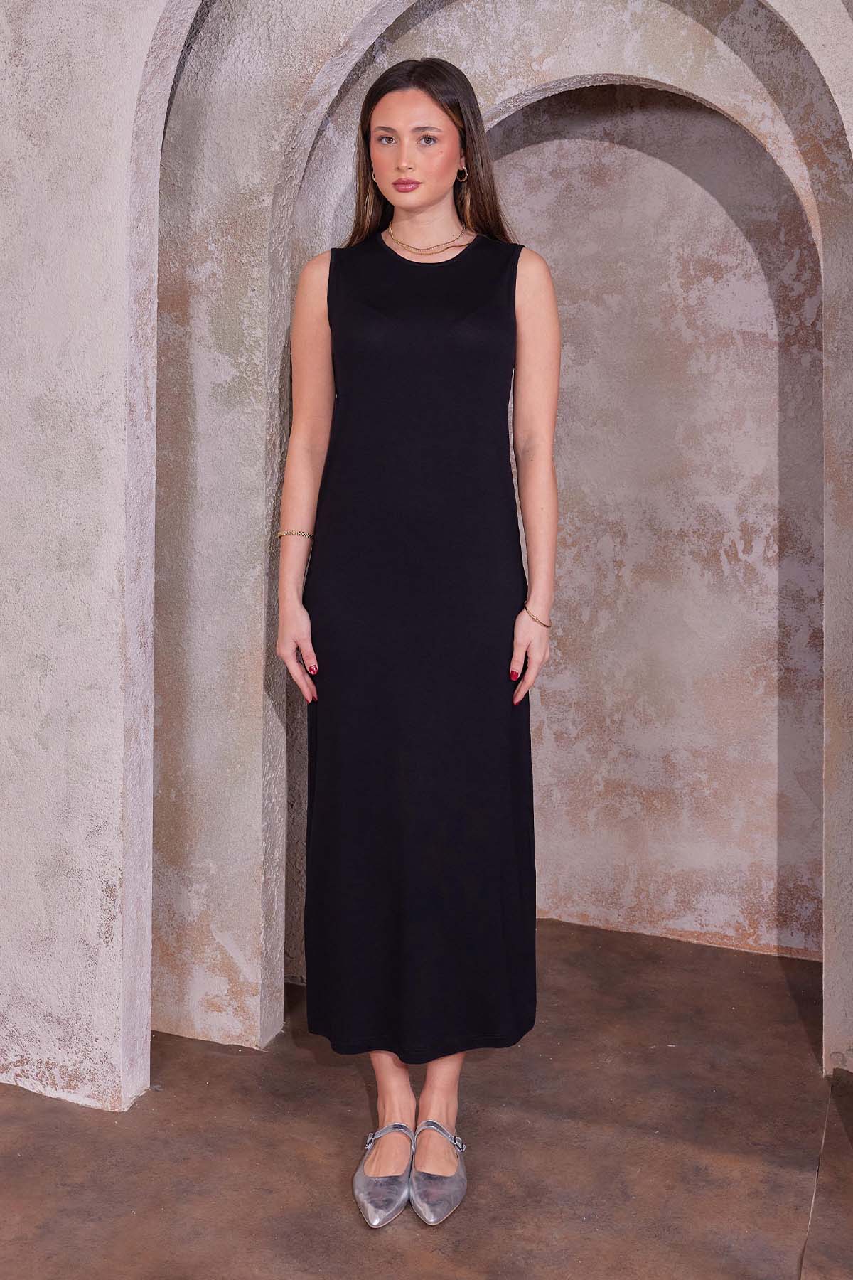 Kolsuz Penye İçlik Elbise Siyah 4775