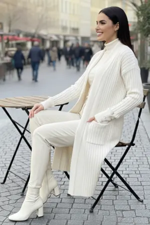 Buttoned Sleeve Ribbed Knit Cardigan