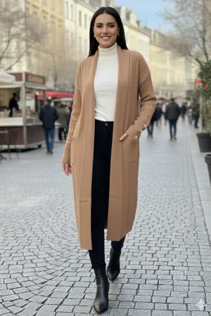 Buttoned Sleeve Ribbed Knit Cardigan