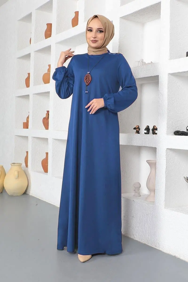 Kolyeli Bisiklet Yaka Tesettür Elbise Indigo