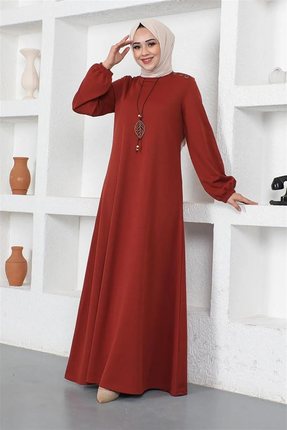 Kolyeli Bisiklet Yaka Tesettür Elbise-detail