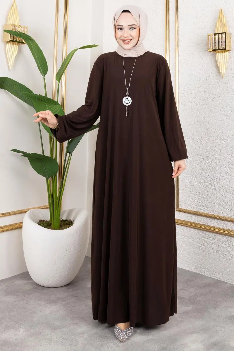 Kolyeli Sandy Elbise Kahverengi-detail