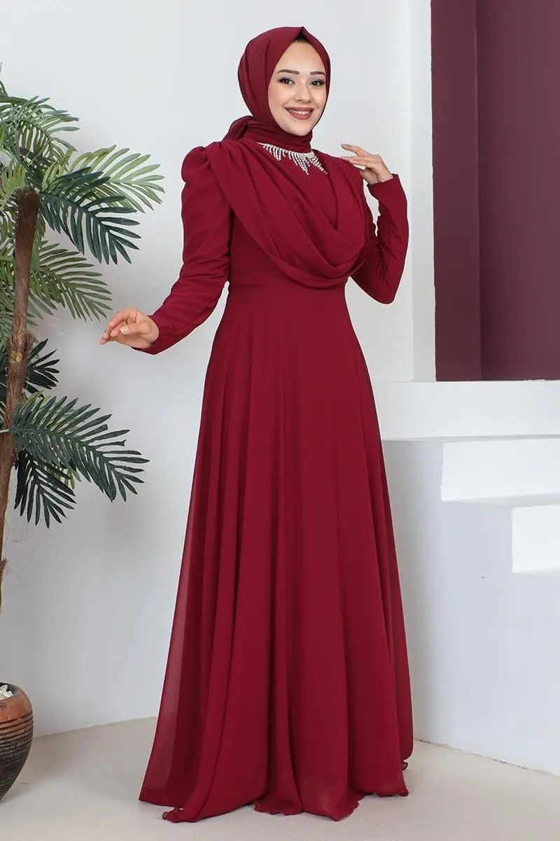 Kolyeli Tesettür Abiye Bordo-detail