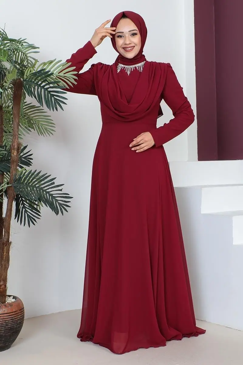 Kolyeli Tesettür Abiye Bordo-detail