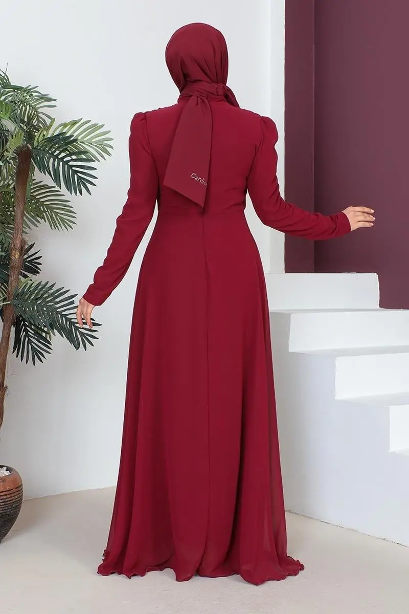 Kolyeli Tesettür Abiye Bordo-detail