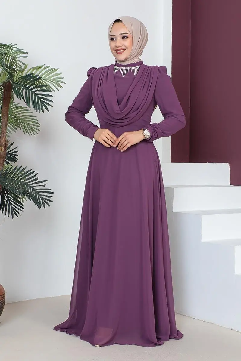 Kolyeli Tesettür Abiye Gül Kurusu-detail