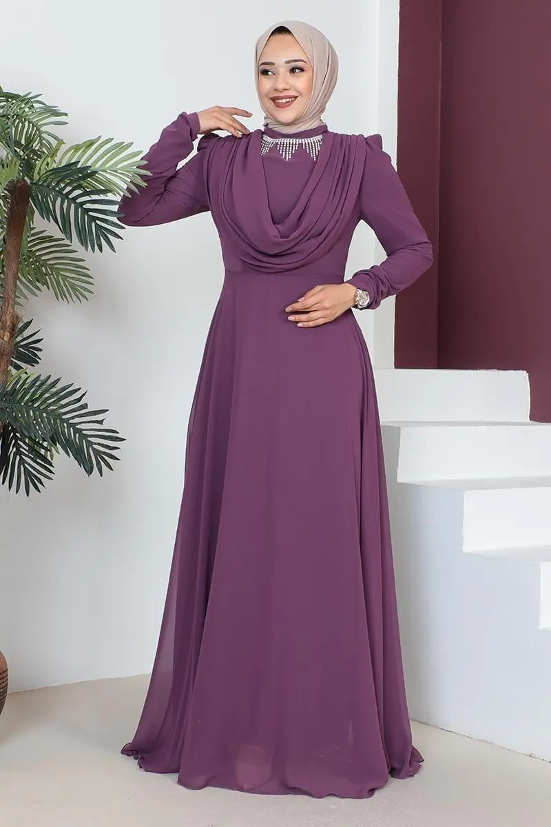 Kolyeli Tesettür Abiye Gül Kurusu-detail