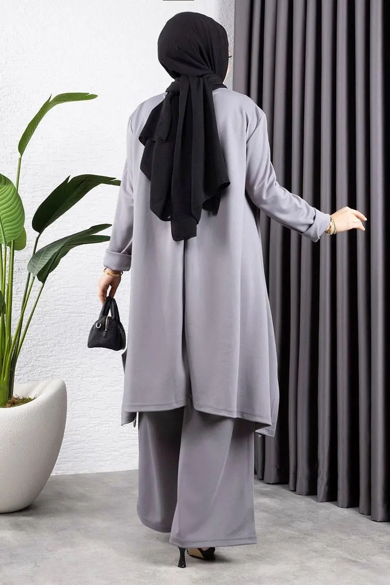 Kolyeli Yırtmaç Detaylı Takım Gri-detail