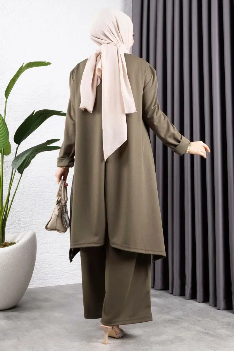 Kolyeli Yırtmaç Detaylı Takım Haki-detail