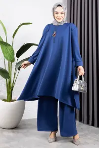 Kolyeli Yırtmaç Detaylı Takım Indigo