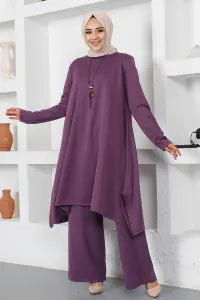 Kolyeli Yırtmaç Detaylı Takım Mor