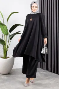 Kolyeli Yırtmaç Detaylı Takım Siyah