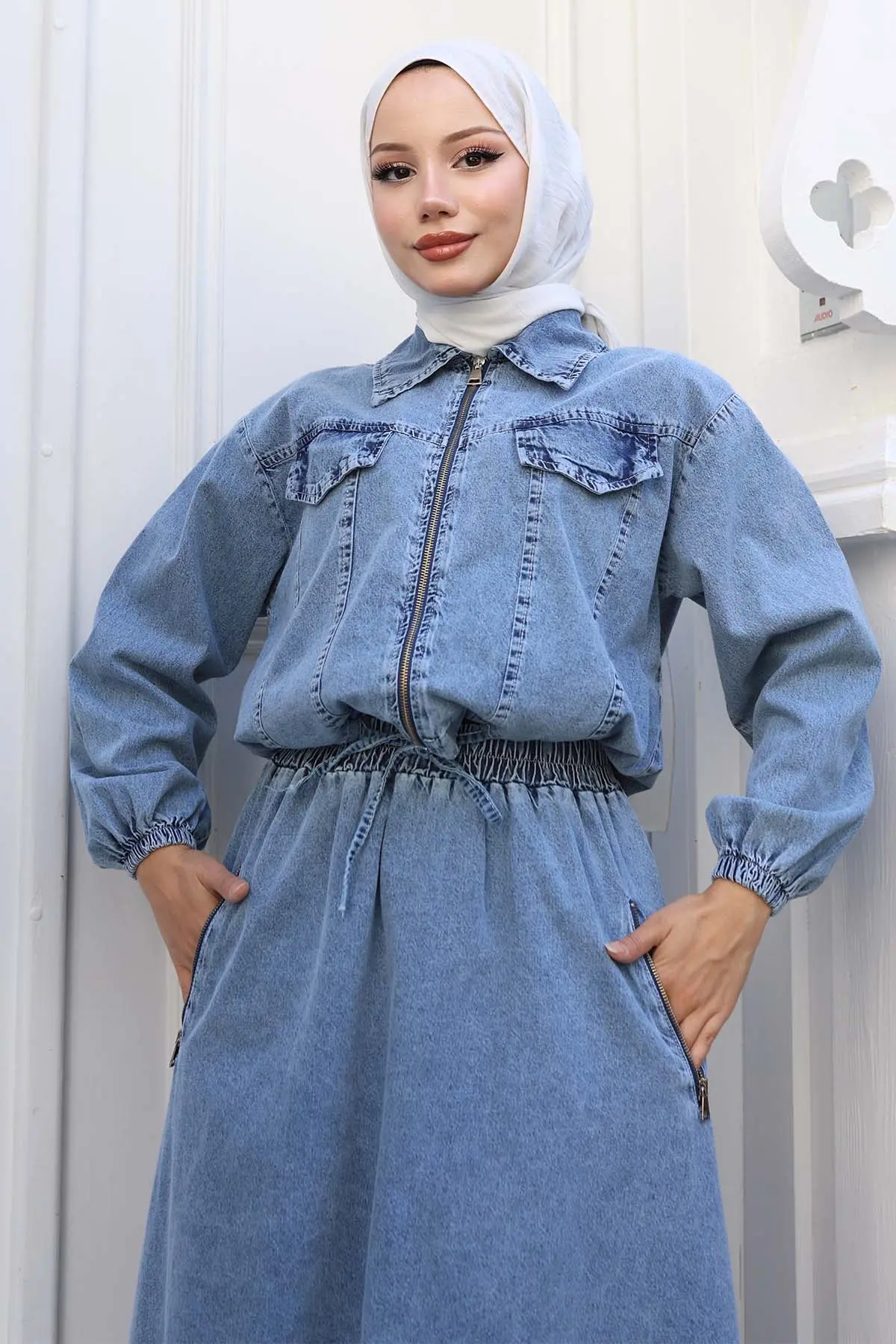 Denim Jacket Skirt Suit-detail