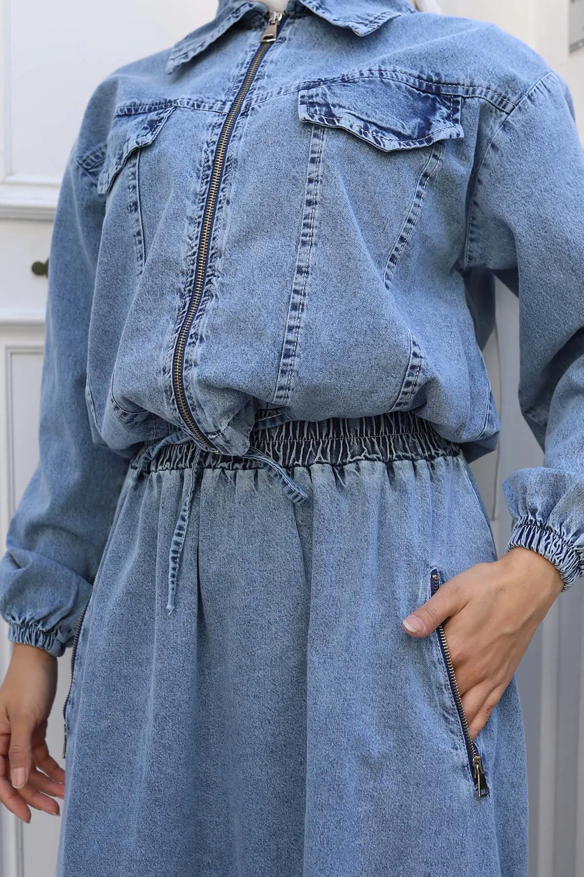 Denim Jacket Skirt Suit-detail