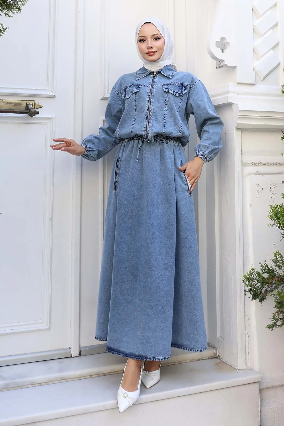 Denim Jacket Skirt Suit-detail