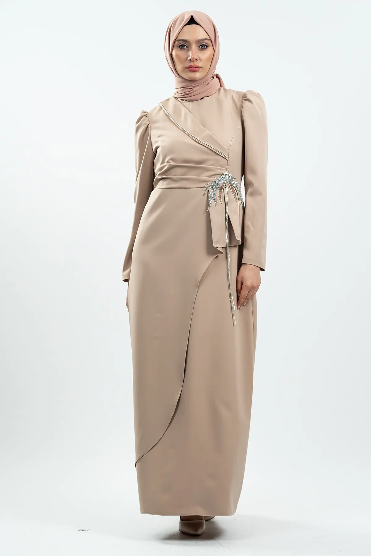 Cream Stone Detailed Evening Dress-detail