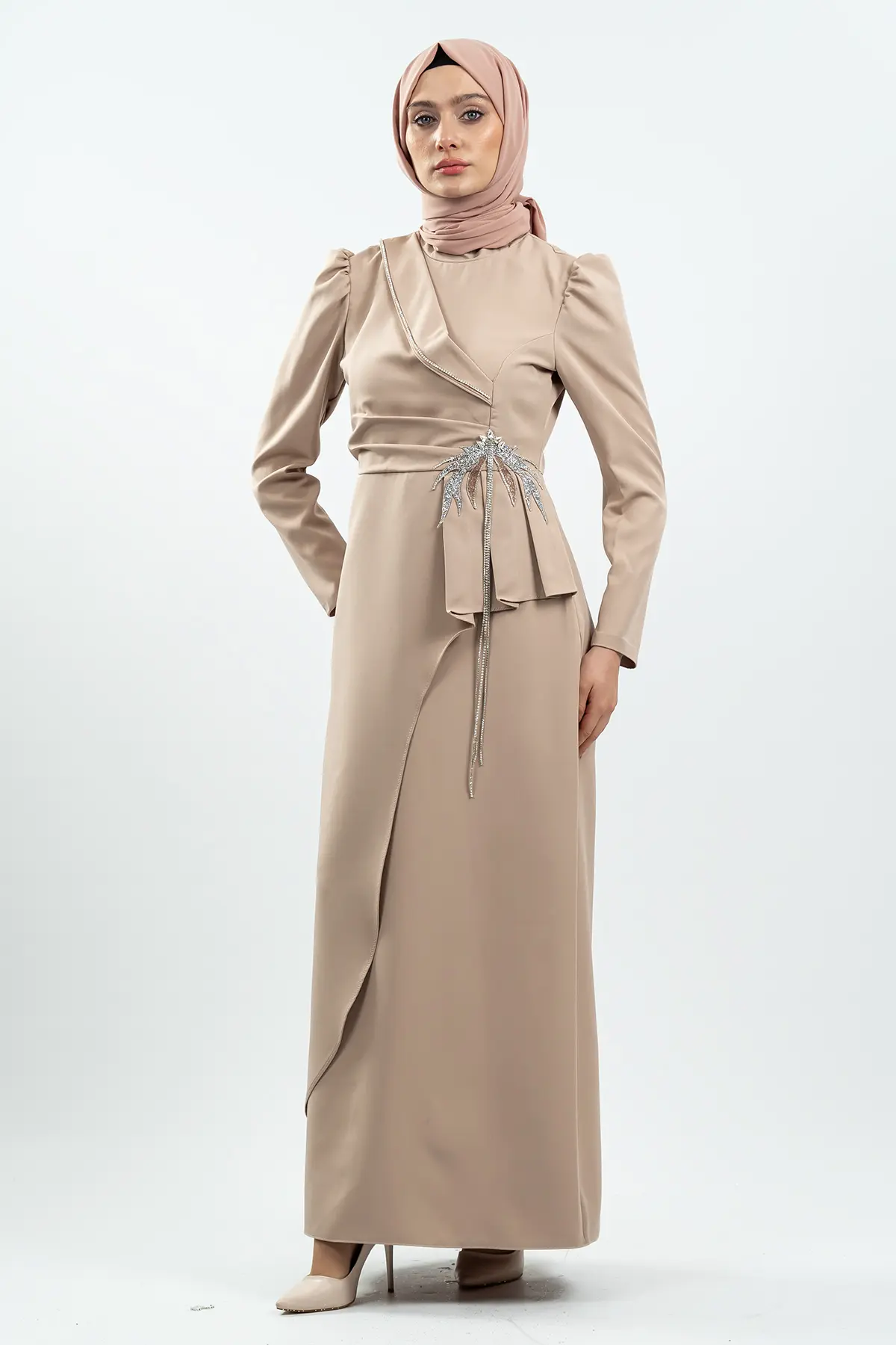 Cream Stone Detailed Evening Dress-detail