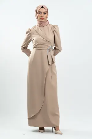 Cream Stone Detailed Evening Dress