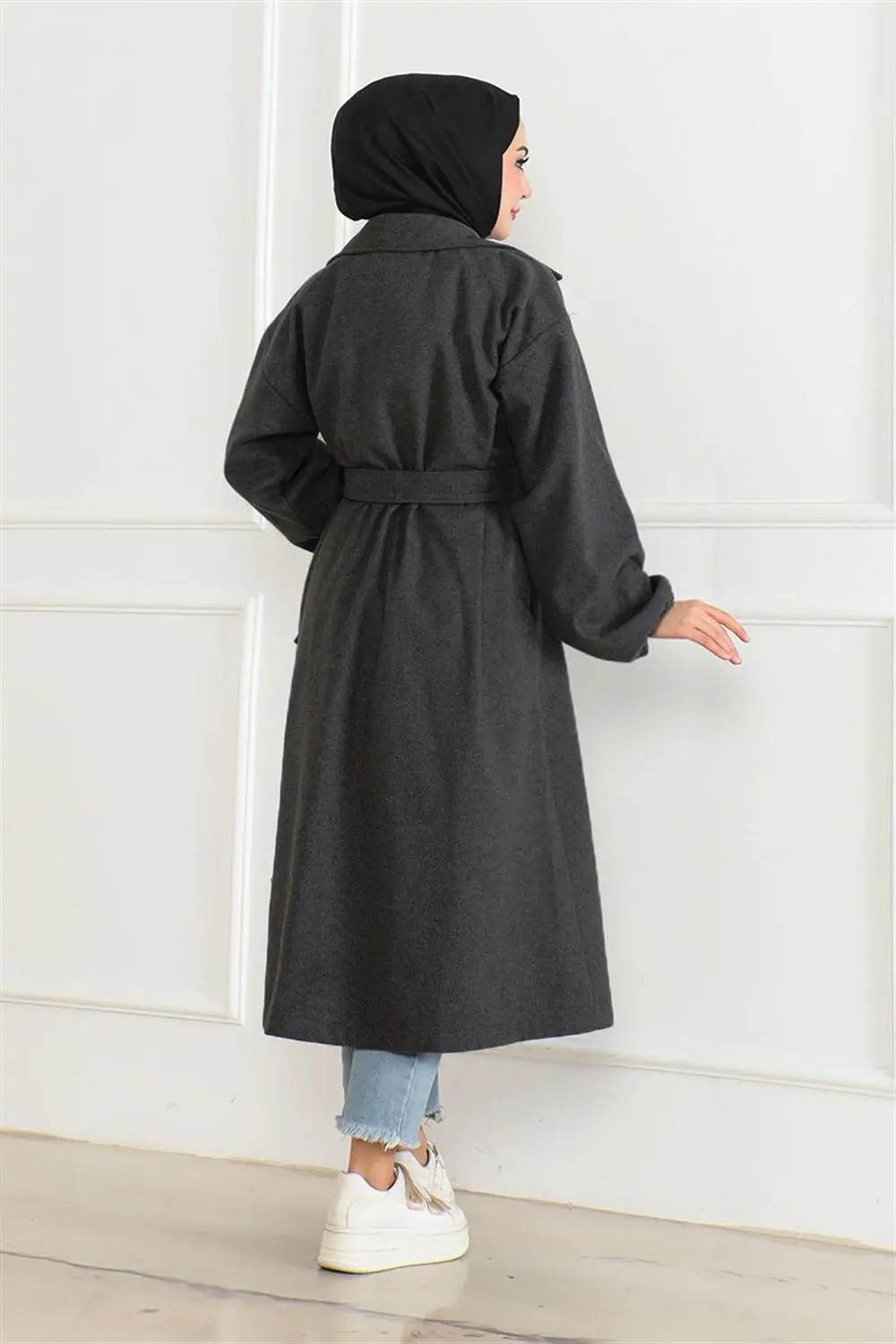 Kruvaze Yakalı Kaşe Kaban Antrasit-detail