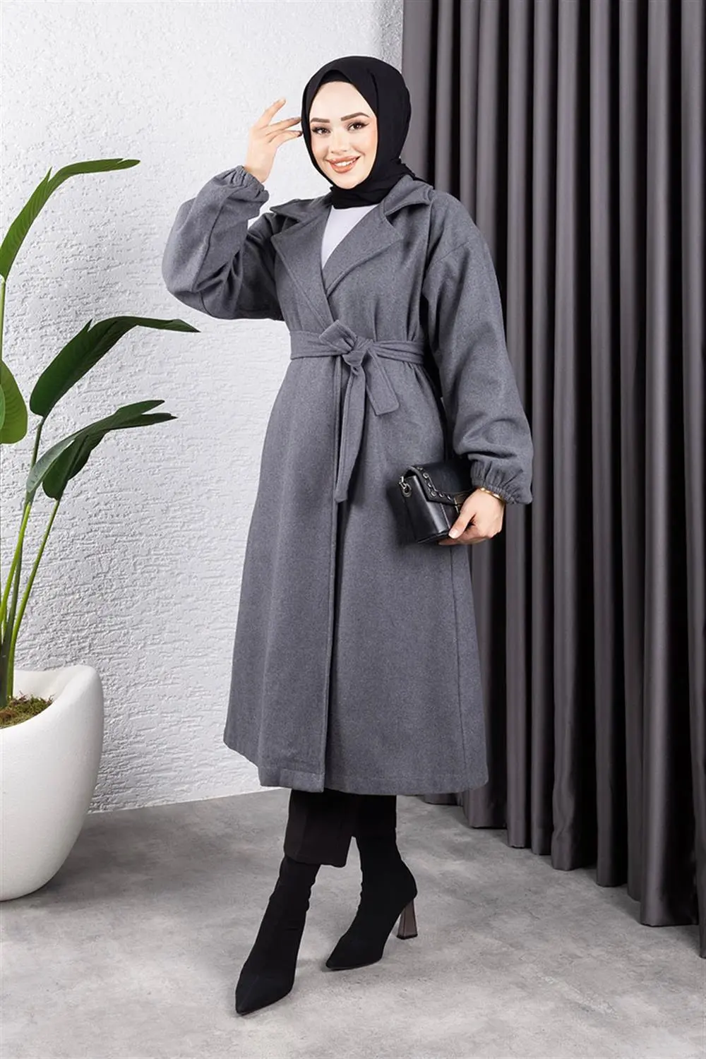 Kruvaze Yakalı Kaşe Kaban Gri-detail