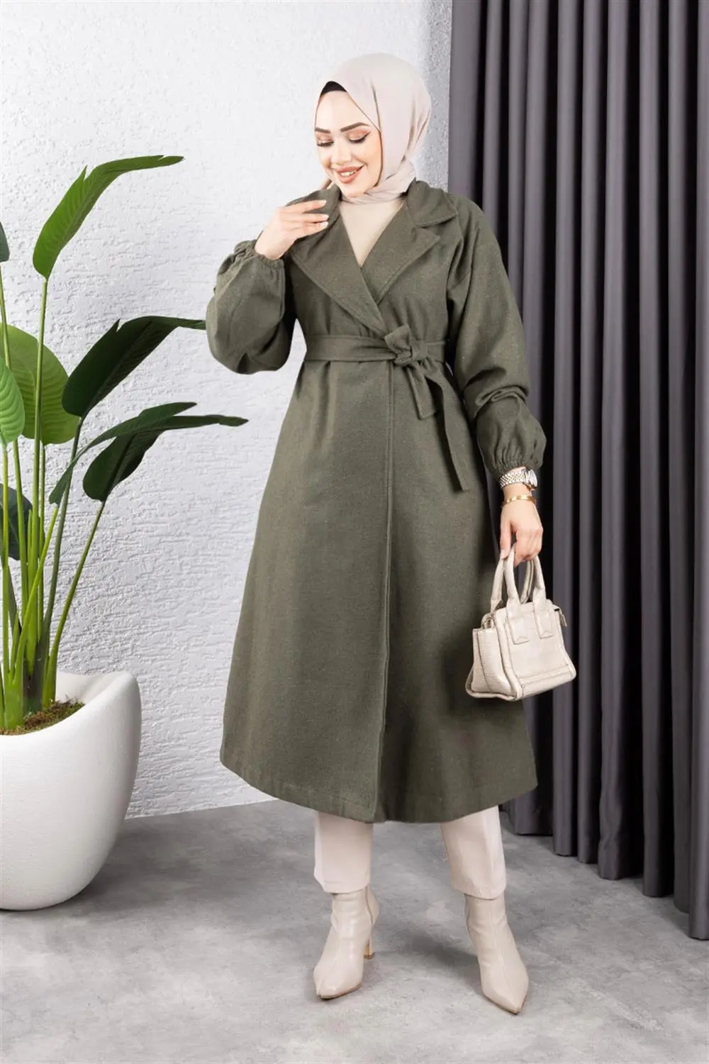 Kruvaze Yakalı Kaşe Kaban Haki-detail