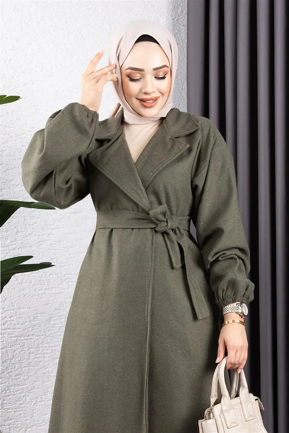 Kruvaze Yakalı Kaşe Kaban Haki-detail