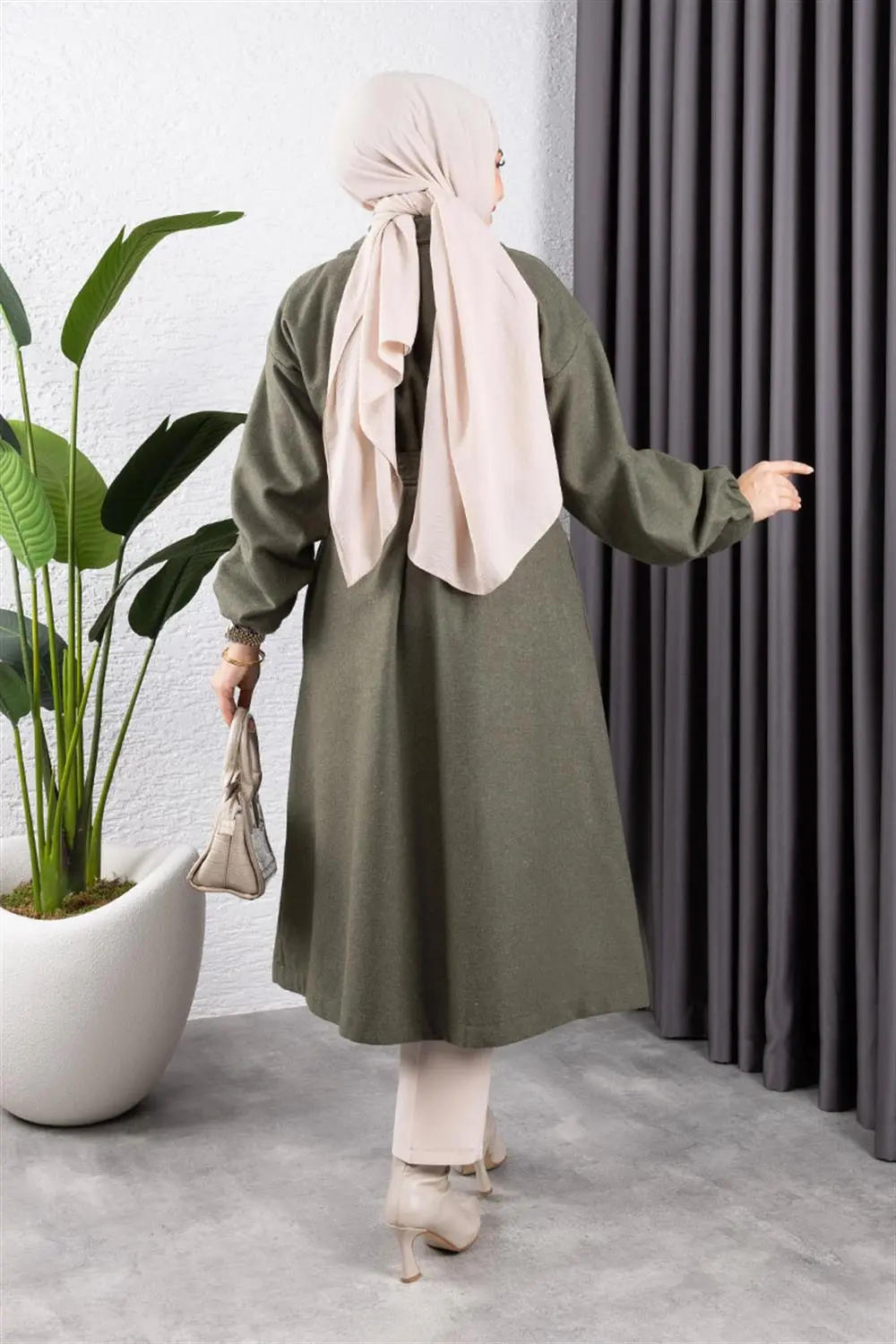 Kruvaze Yakalı Kaşe Kaban Haki-detail