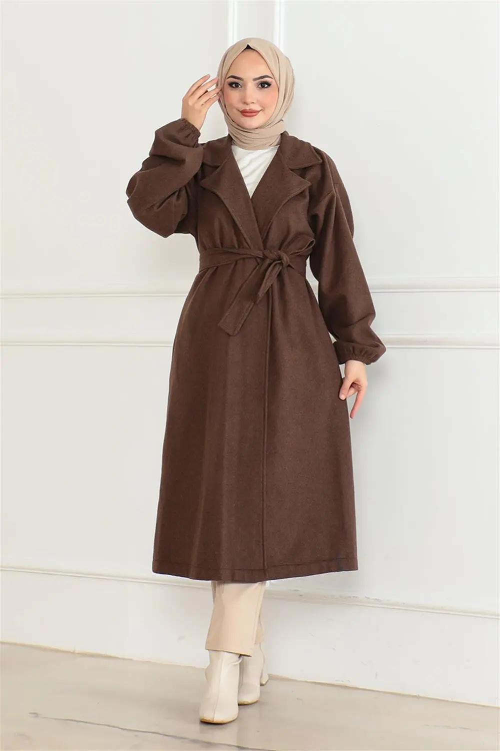 Kruvaze Yakalı Kaşe Kaban Kahverengi-detail