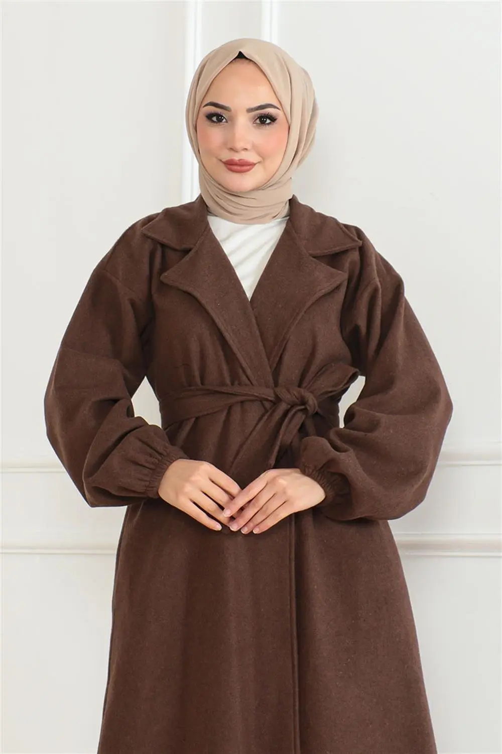 Kruvaze Yakalı Kaşe Kaban Kahverengi-detail