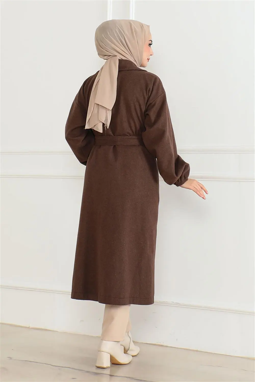 Kruvaze Yakalı Kaşe Kaban Kahverengi-detail