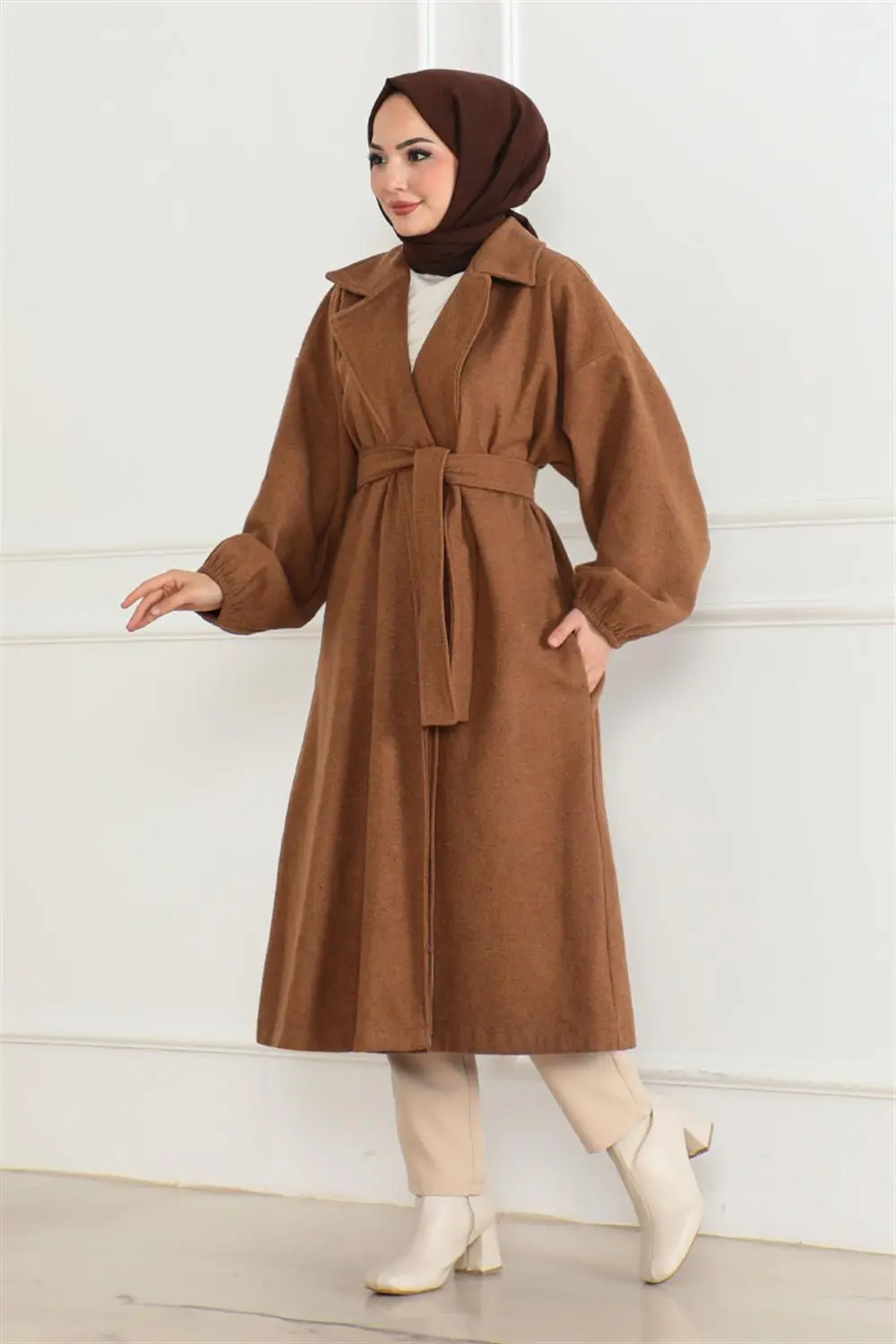 Kruvaze Yakalı Kaşe Kaban Taba-detail