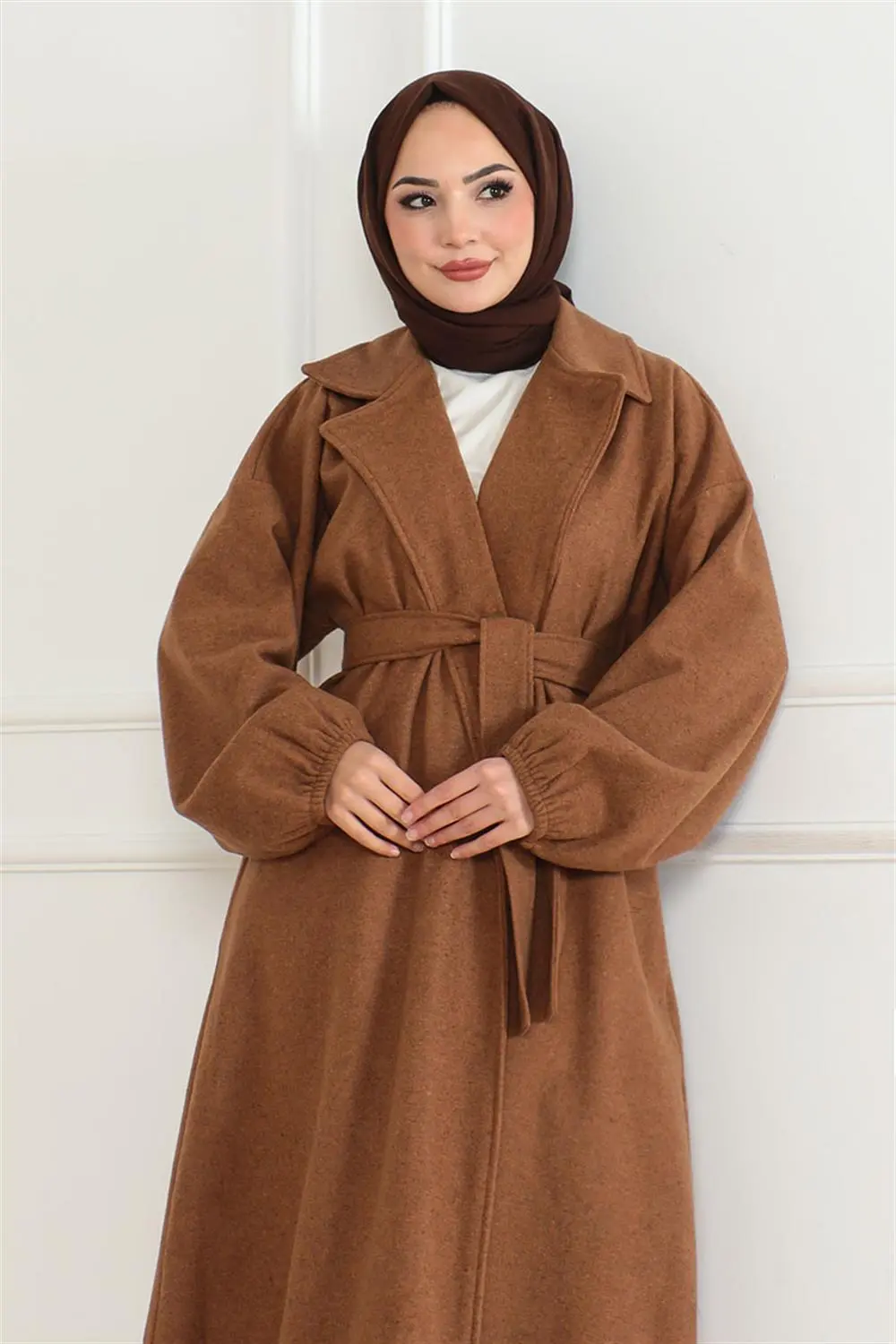 Kruvaze Yakalı Kaşe Kaban Taba-detail