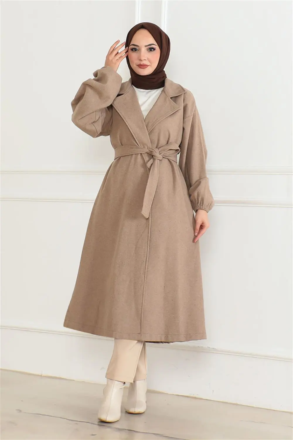 Kruvaze Yakalı Kaşe Kaban Vizon-detail