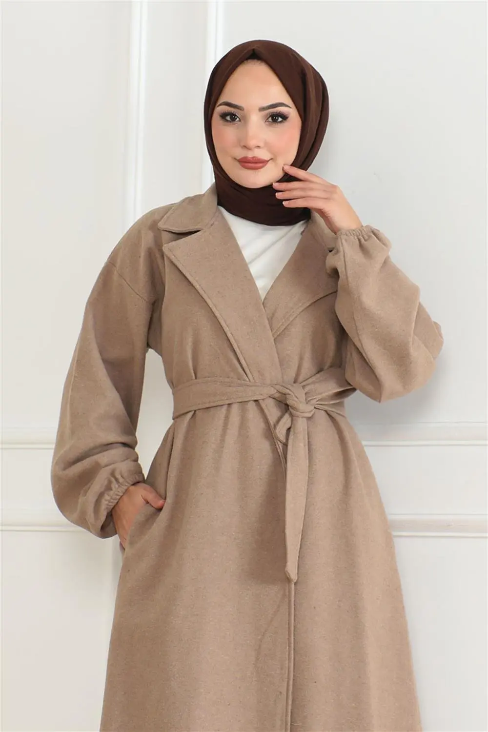 Kruvaze Yakalı Kaşe Kaban Vizon-detail