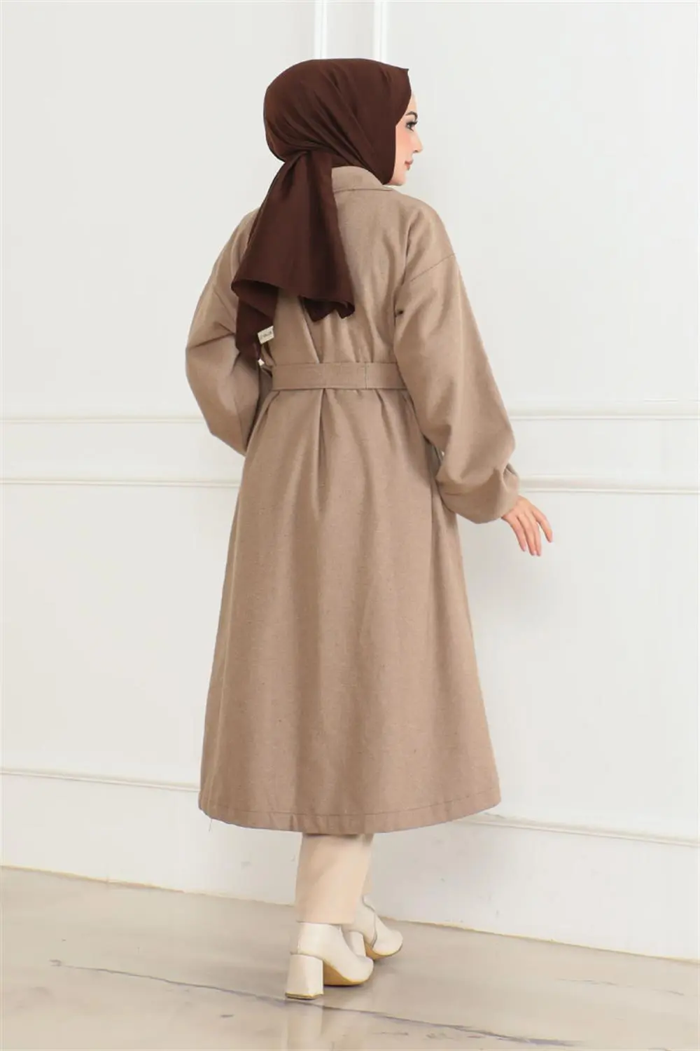 Kruvaze Yakalı Kaşe Kaban Vizon-detail