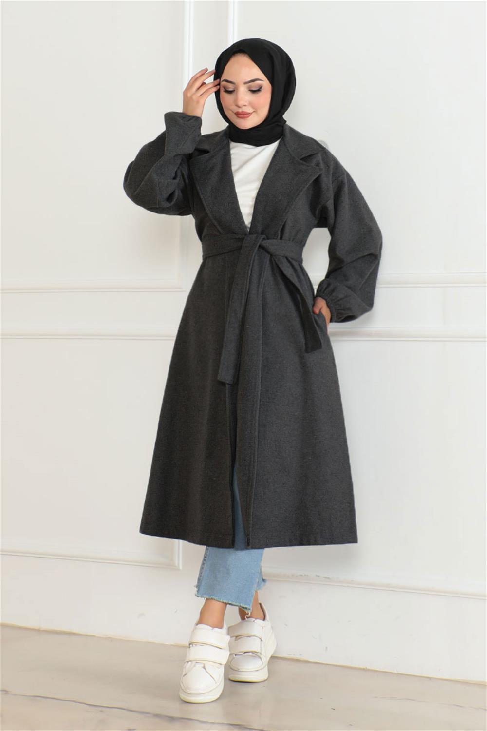 Kruvaze Yakalı Kaşe Kaban Antrasit